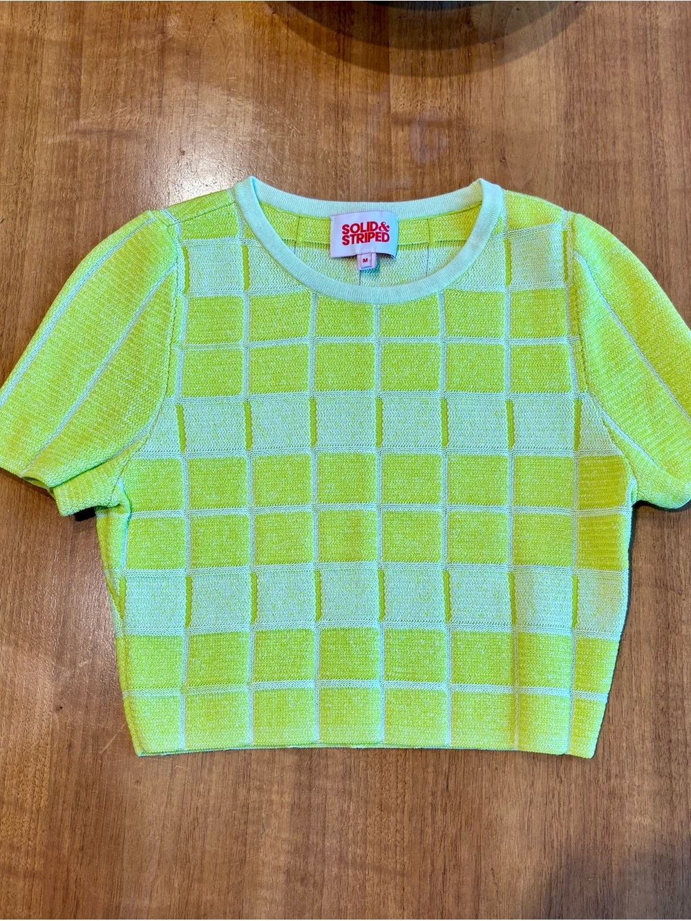 SOLID & STRIPED Neon Yellow Grid Knit Short Sleeve Crop Top size M